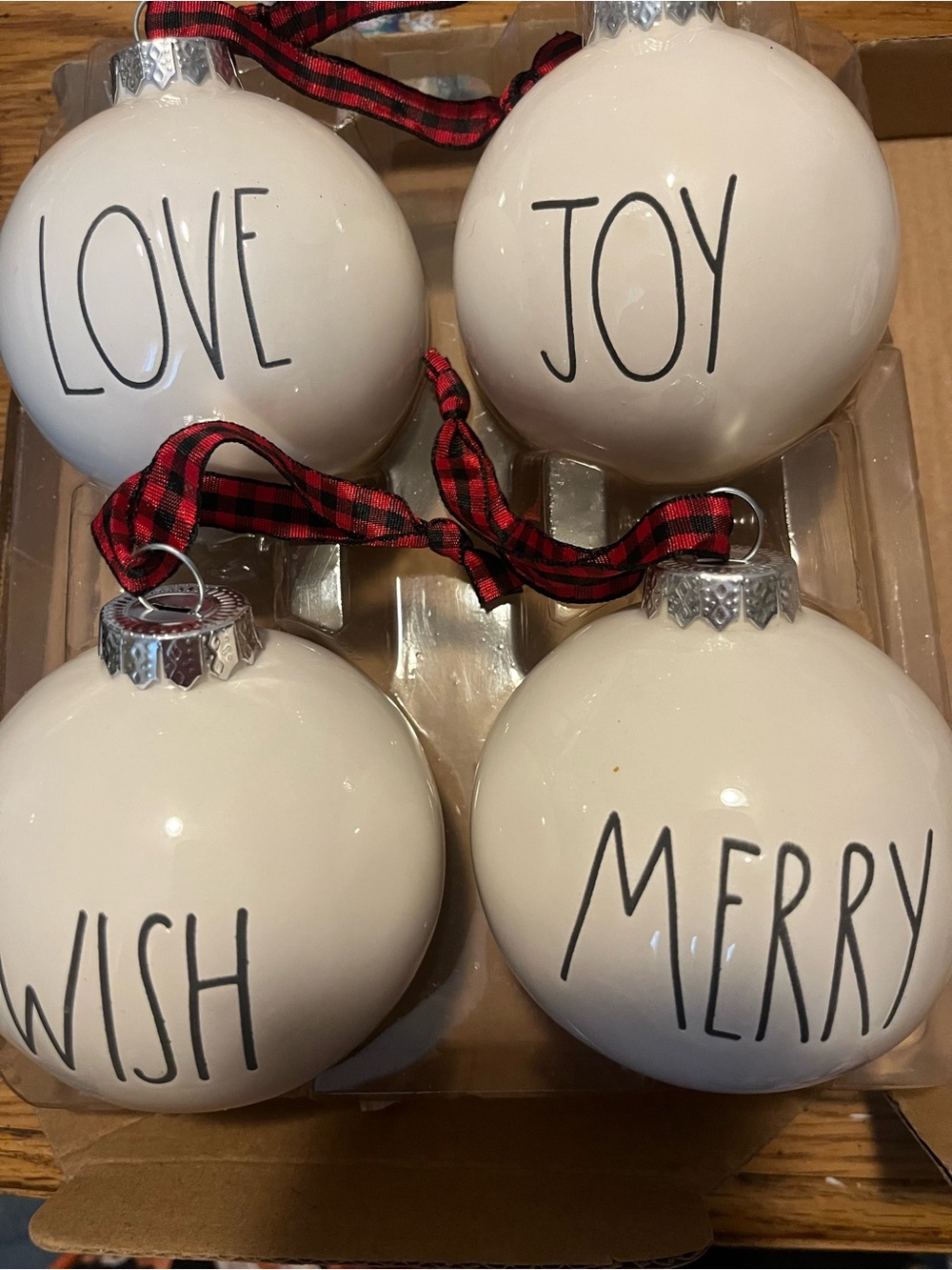 Rae Dunn White Holiday Ball Ornament Set with Red Plaid Ribbons